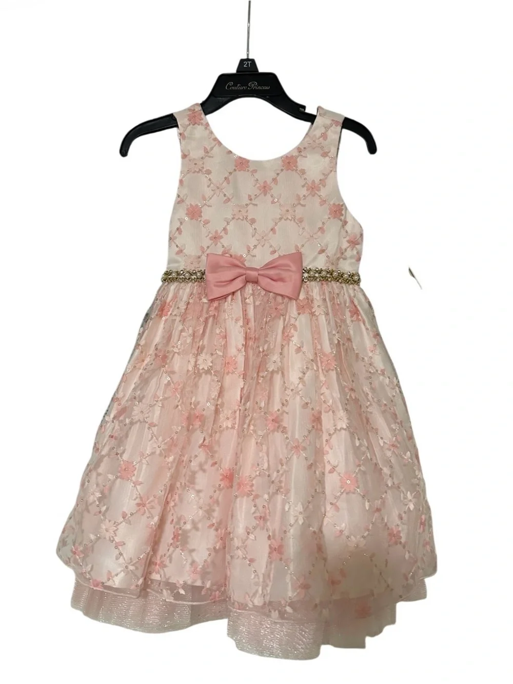 Classic Pink Floral Lace Bow Party Dress for Girls